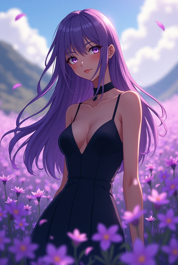 Anime girl with purple hair, silver eyes, brown skin and a black dress standing in a field of purpose flower