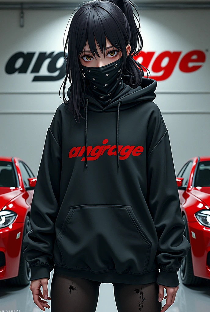Gangsta girl with black bandana,hoodie with angarage text,bmws in background,angarage text on wall,bmw m5,angarage text of hoodie,manga