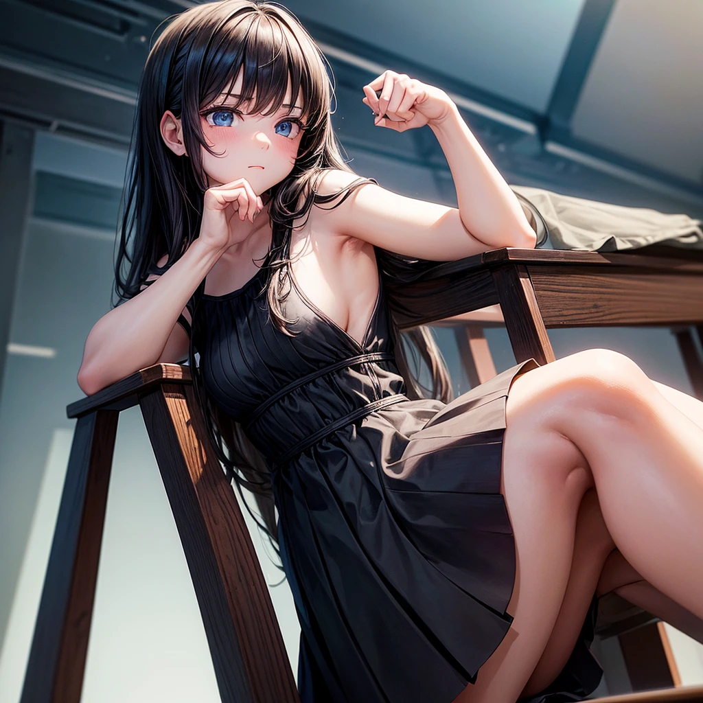 (masterpiece imagine of) an introvert, age girl, wearing a black dress, hand on chin, thinking, sitting in a classroom. She is in deep imagination. (Not looking into the camera)The picture is from the side (not front angle)