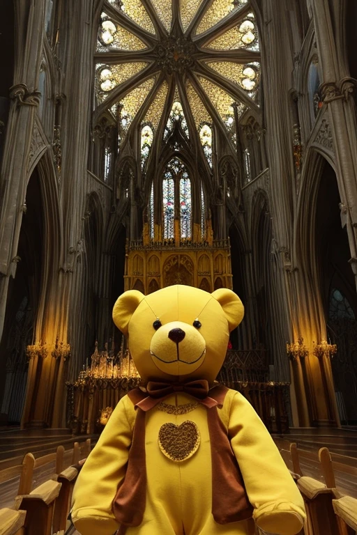 Gothic architecture、Yellow and brown atmosphere、Gothic、yellow、wood、teddy bear、There's a Christmas tree、Teddy bear under the tree、A teddy bear on the mantelpiece、Teddy bear on the table、stage、Two-storey、hinterland、room