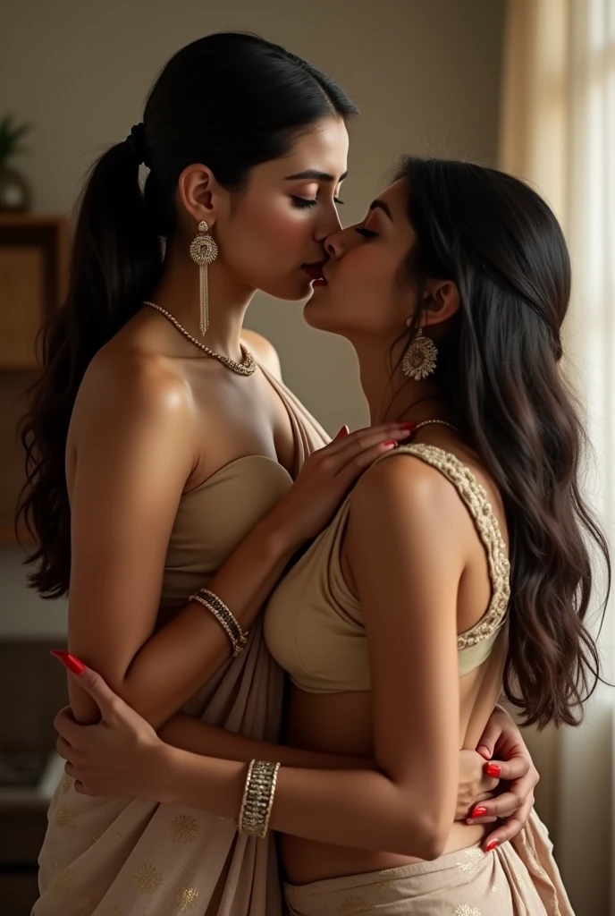 Janhvi Kapoor Lesbian lovers, (hugging tightly), fondling, ready to kiss, strapless Stick on bra, small East West breast, 21 years old girls, girl next door, skin colour bra, short skirt, loose top, popping nips, cotton top, full cleavage