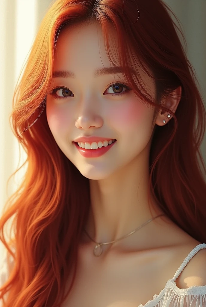 create a korean ulzzang with long red hair, big round brown eyes, fair skin and a small tooth gap in the front of her teeth