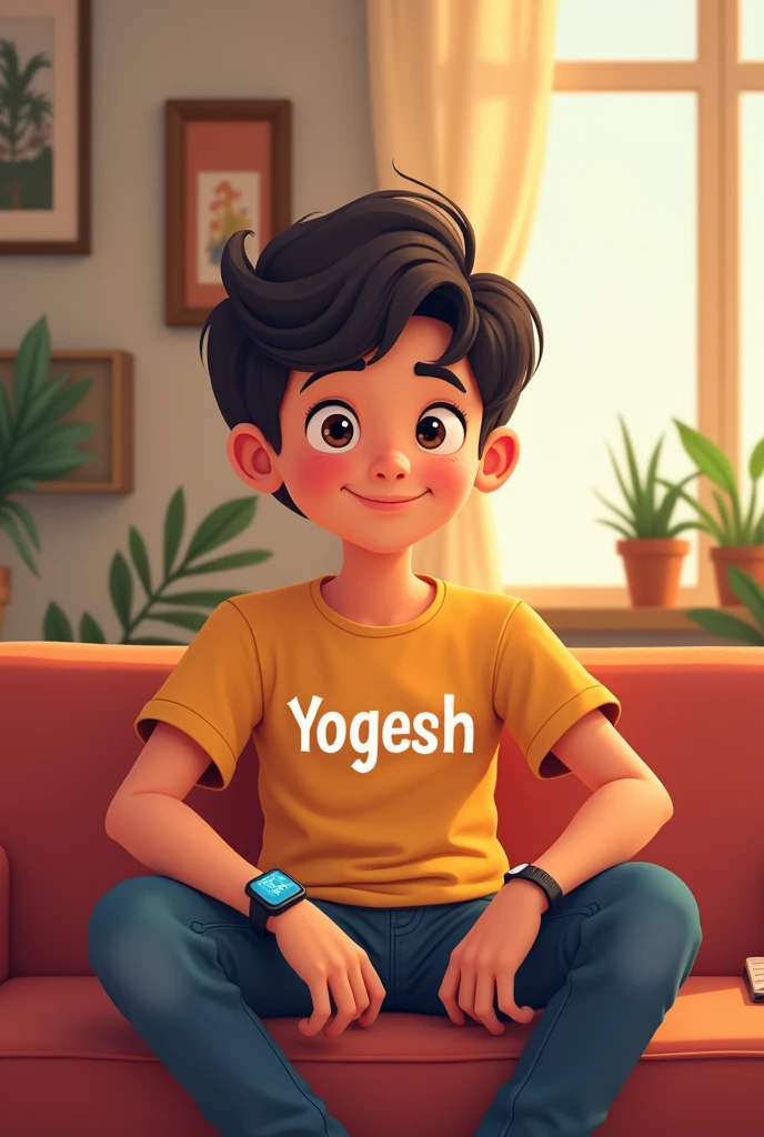 1 boy siting in the house she is name is "yogesh" written in the t shirt 2d cartoon his age is 15 years and his hand smart watch