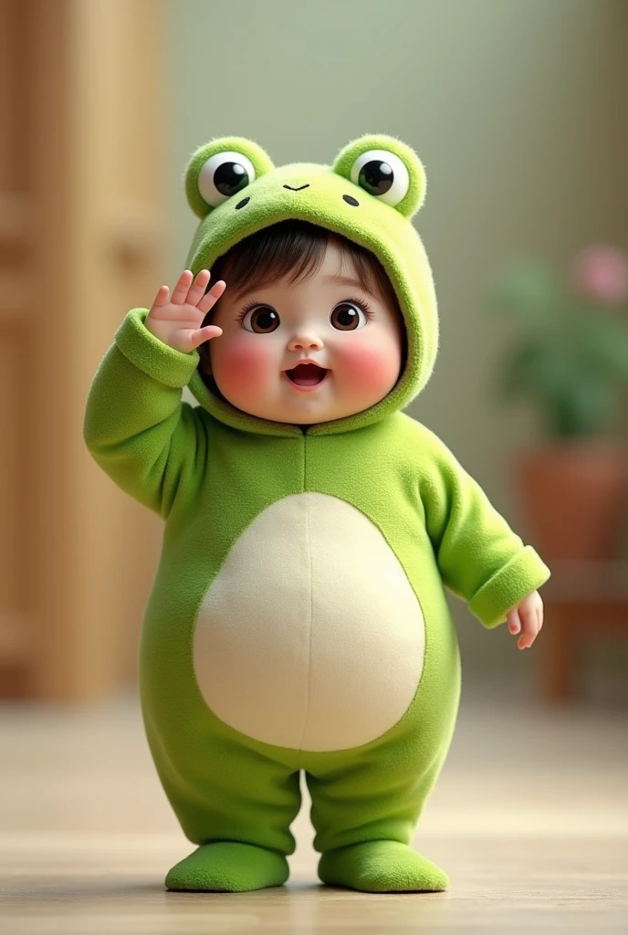 (girl),(()) ,3d images ,Highest quality 8K ,Chubby body shape,((Very fat)),Pink cheeks,podgy,Good mood,((Raise your hand to salute your boss.)),((right hand saluting)),((Open your eyes.)),Wear a frog doll costume,Balanced lighting,blurred background,Middle of the picture