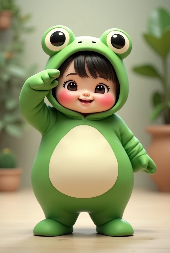 (girl),(()) ,3d images ,Highest quality 8K ,Chubby body shape,((Very fat)),Pink cheeks,podgy,Good mood,((Raise your hand to salute your boss.)),((right hand saluting)),((Open your eyes.)),Wear a frog doll costume,Balanced lighting,blurred background,Middle of the picture