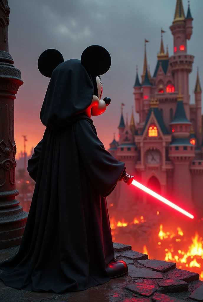 Mickey Mouse, now a Sith Lord, stands on the terrace of the crumbling Cinderella Castle. His eyes glow a menacing red beneath the hood of his dark Sith robe, and a red lightsaber is held in his hand. From this vantage point, he gazes out over the ruins of Disneyland, which has been reduced to a burning, desolate wasteland. Flames flicker across the remnants of the park, casting an eerie glow in the darkness. The black rain continues to fall, but it cannot extinguish the fires that consume the once magical kingdom. Mickey’s red eyes reflect the fiery destruction below as he watches the once beloved Disneyland burn, a sinister figure overlooking the devastation.