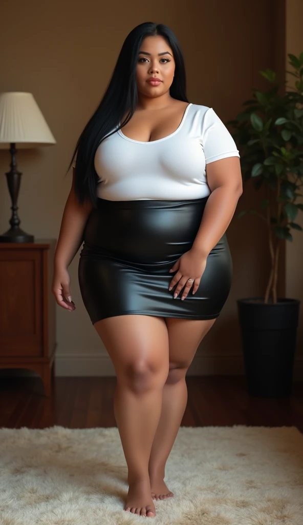 mixed black ethnicity, curvy girl, long curly hair, overskirt, pantyhose, Good, Sexy pose on the table