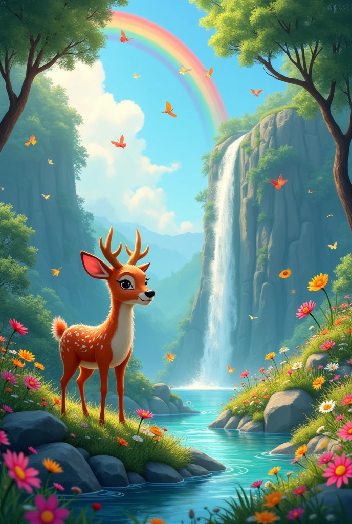 Animated deer inte the forest near a creek rainbow in the sky and birds and butterflys flying in the sky alots of colourful flowers and a waterfall