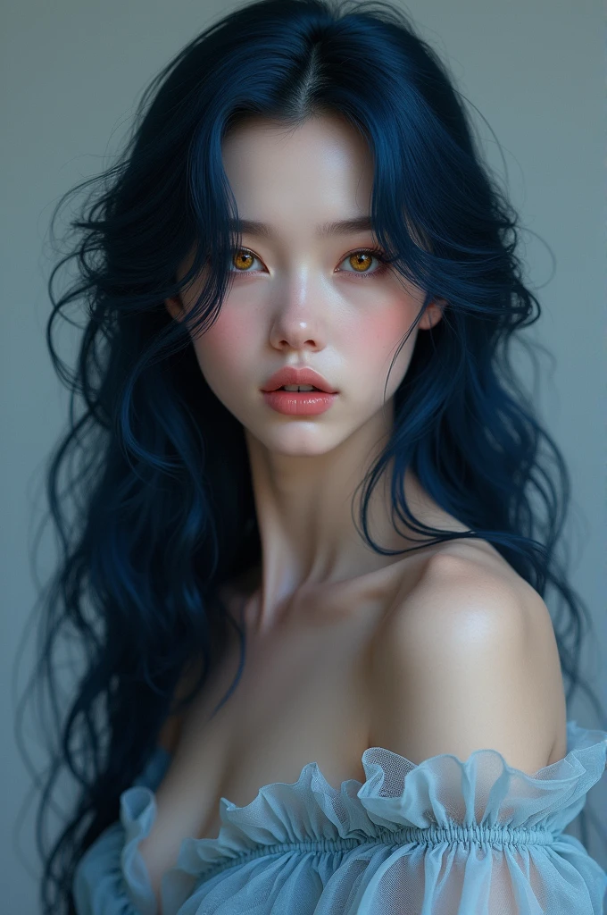 Dark blue hair girl with golden eyes standing 
