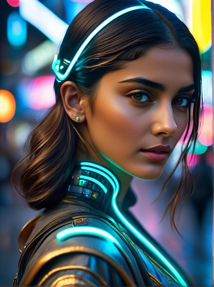 cyberpunk girl, Sonam Kapoor look a like. glowing wires, dark city, reflective puddles, neon signs,, Photorealistic, Hyperrealistic, Hyperdetailed, analog style, soft lighting, subsurface scattering, realistic, heavy shadow, masterpiece, best quality, ultra realistic, 8k, golden ratio, Intricate, High Detail, film photography, soft focus, RAW candid cinema, 16mm, color graded portra 400 film, remarkable color, ultra realistic,