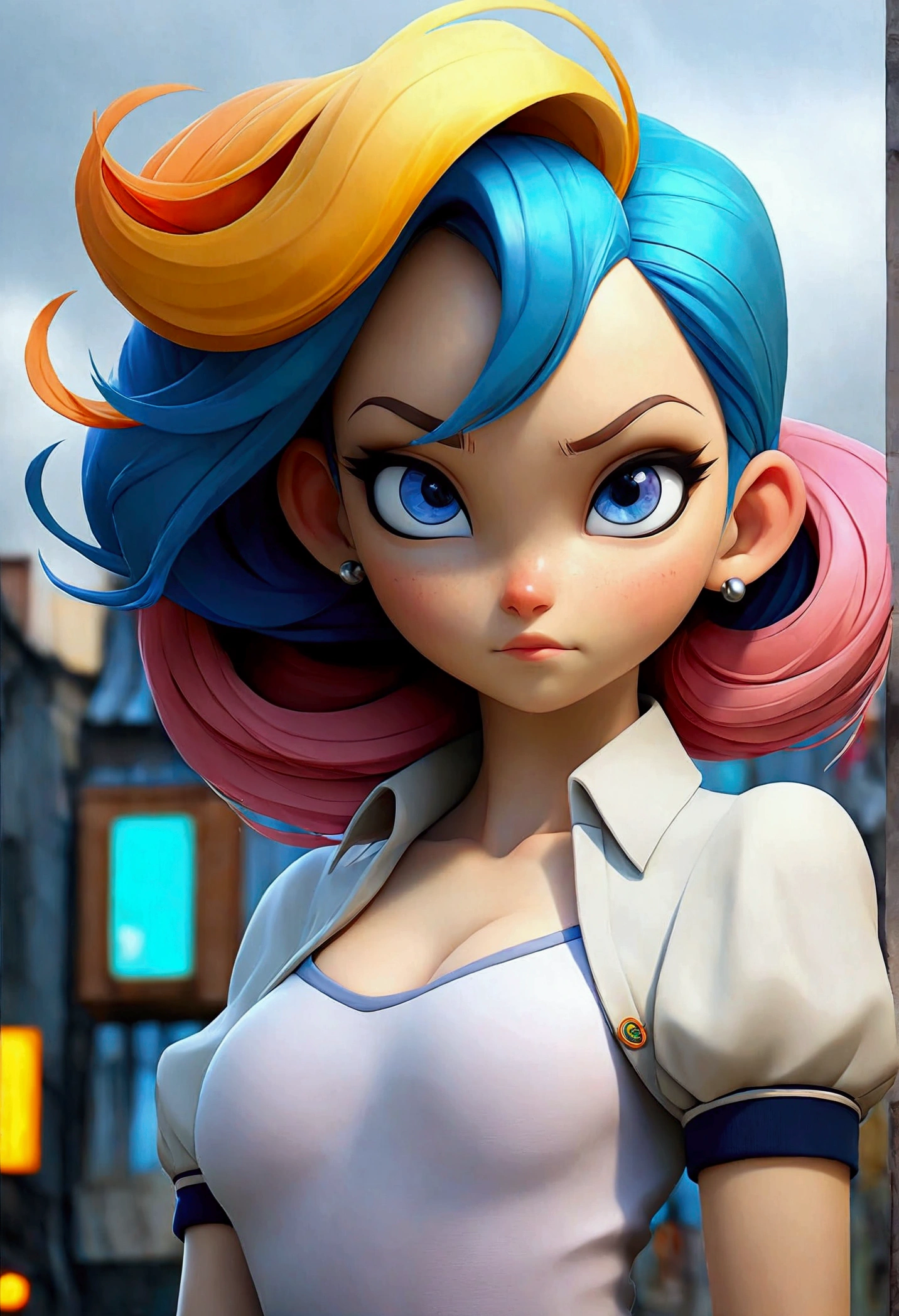 1 girl in, Yui, (NSFW), Cute 1 redhead girl with two tails, ((Perfect female body)) multiple (rainbow hair: 1.2), (Beautiful, Dark blue eyes: 1.6), (Photorealistic eyes: 1.6), glad, Ukrainian, (Small body), ((small hips)), white pale skin, (perfect tits), (cammel toe), Glossy oily pantyhose, One Piece Jersey, futuristic city backdrop, Gloomy multicolored lighting, Very dark sky, photos realistic, Dynamic lighting.