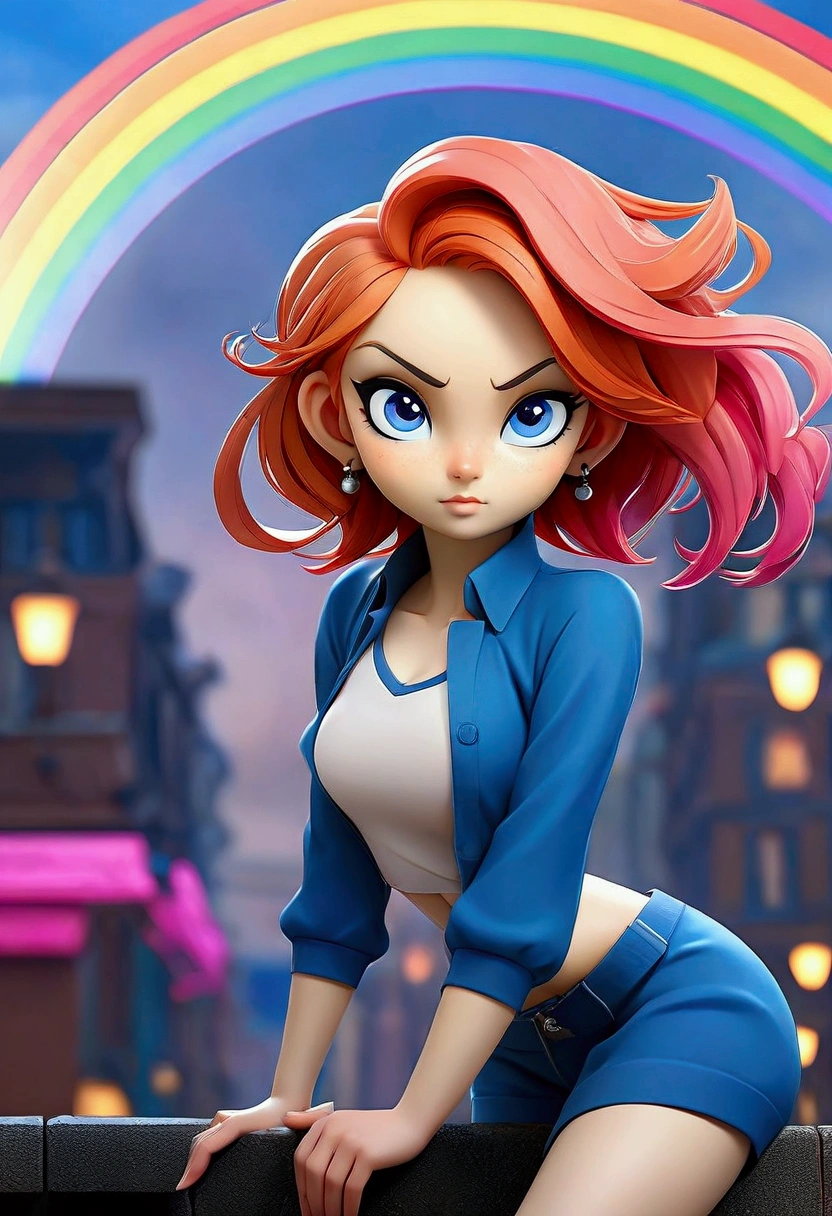 1 girl in, Yui, (NSFW), Cute 1 redhead girl with two tails, ((Perfect female body)) multiple (rainbow hair: 1.2), (Beautiful, Dark blue eyes: 1.6), (Photorealistic eyes: 1.6), glad, Ukrainian, (Small body), ((small hips)), white pale skin, (perfect tits), (cammel toe), Glossy oily pantyhose, One Piece Jersey, futuristic city backdrop, Gloomy multicolored lighting, Very dark sky, photos realistic, Dynamic lighting.