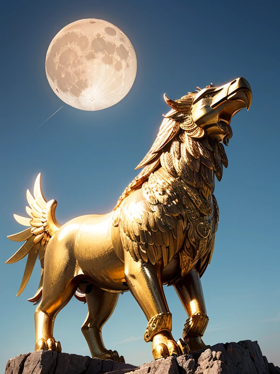 best quality, masterpiece, (A giant gold Mythological sun Griffin stands on two legs and duels with a Giant white Mythological moon Griffin :1.5)、(Griffin has the wings and upper body of an eagle.、With the lower body of a lion)、The moment when they shoot beams from their mouths、Golden Ground、Several large, rugged rocks stand tall in the field.、(low angle:1.3)、(Front lighting)