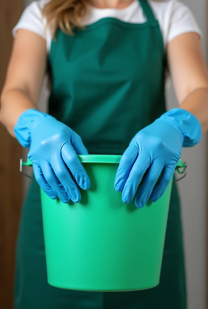 Studio shot of a person wearing blue gloves, holding a green bucket filled with cleaning products, wearing a green apron. The background is blurred, suggesting an indoor environment with soft, even lighting. Captured from a medium slightly overhead angle, focusing on the hands and bucket. Shot with a DSLR camera using a short focal length lens, creating a shallow depth of field with bokeh effect. The image is composed using the rule of thirds, with the bucket and hands centered. The colors of the blue gloves, green bucket, and green apron are contrasted against the neutral, blurred background, with sharp focus on the main elements.