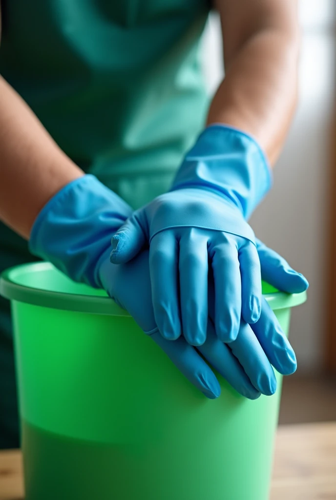 Studio shot of a person wearing blue gloves, holding a green bucket filled with cleaning products, wearing a green apron. The background is blurred, suggesting an indoor environment with soft, even lighting. Captured from a medium slightly overhead angle, focusing on the hands and bucket. Shot with a DSLR camera using a short focal length lens, creating a shallow depth of field with bokeh effect. The image is composed using the rule of thirds, with the bucket and hands centered. The colors of the blue gloves, green bucket, and green apron are contrasted against the neutral, blurred background, with sharp focus on the main elements.