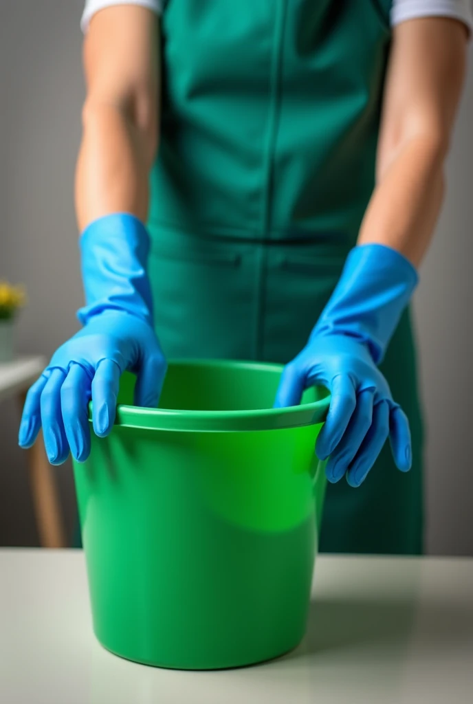 Studio shot of a person wearing blue gloves, holding a green bucket filled with cleaning products, wearing a green apron. The background is blurred, suggesting an indoor environment with soft, even lighting. Captured from a medium slightly overhead angle, focusing on the hands and bucket. Shot with a DSLR camera using a short focal length lens, creating a shallow depth of field with bokeh effect. The image is composed using the rule of thirds, with the bucket and hands centered. The colors of the blue gloves, green bucket, and green apron are contrasted against the neutral, blurred background, with sharp focus on the main elements.