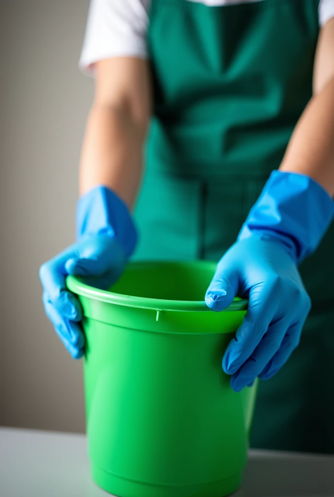 Studio shot of a person wearing blue gloves, holding a green bucket filled with cleaning products, wearing a green apron. The background is blurred, suggesting an indoor environment with soft, even lighting. Captured from a medium slightly overhead angle, focusing on the hands and bucket. Shot with a DSLR camera using a short focal length lens, creating a shallow depth of field with bokeh effect. The image is composed using the rule of thirds, with the bucket and hands centered. The colors of the blue gloves, green bucket, and green apron are contrasted against the neutral, blurred background, with sharp focus on the main elements.