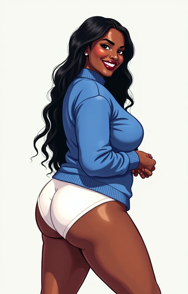 (masterpiece, best quality)), ((((perfect anatomy)))), Heavyset black woman with long black hair, dark eyeshadow, dark red lipstick, blue sweater, (((big white cotton panties))), big booty, smiling, ((pixel art, pixel, photo realistic))