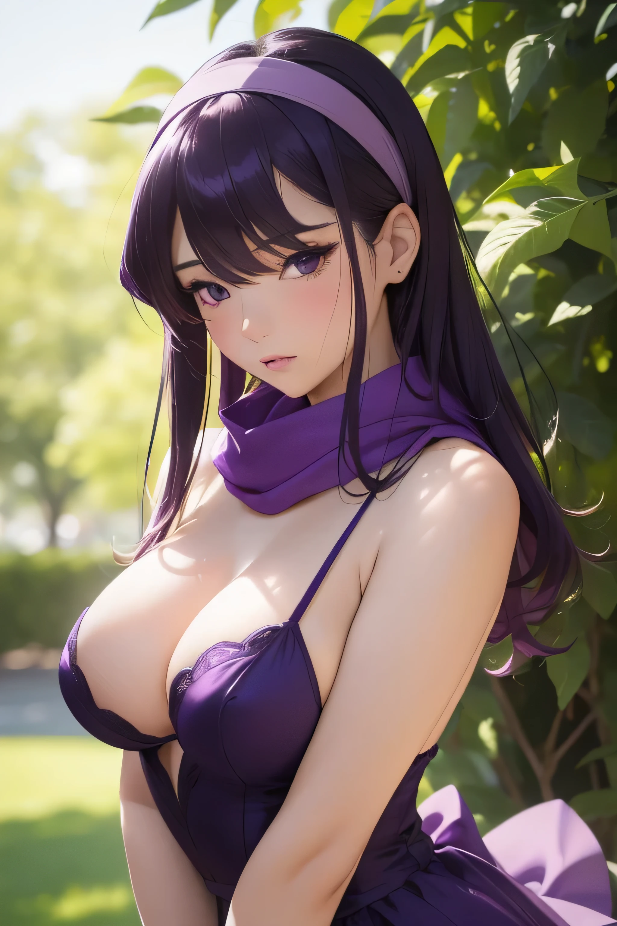 ((masterpiece, best quality, ultra-detailed, ultra-HD, photorealistic, cinematic)), (close-up camera shot:1.2), (sensual pose), (alluring and voluptuous female as Komi Shouko), perfect anatomy, perfect face, large breasts, proportioned hands, (shoulder-length purple hair:1.3), (purple top, dress, pink pantyhose, and purple shoes), (wears a plastic purple headband and a green scarf), ((dynamic background)), (detailed pupils, detailed eyes, blushing, nude lips, slightly parted lips)