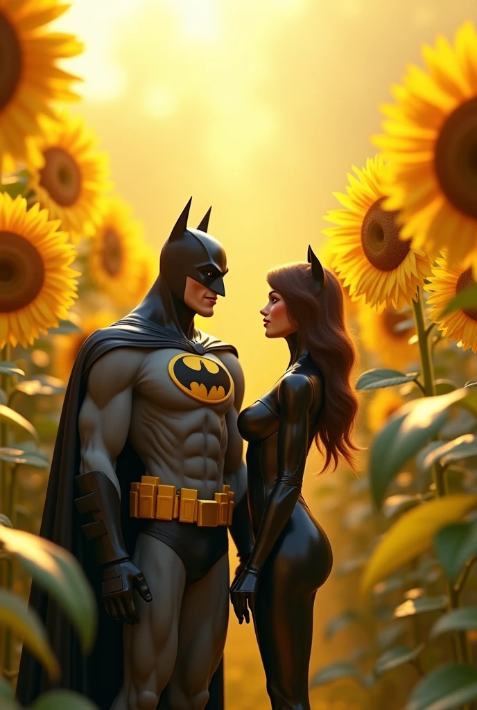 batman and Catwoman in a sunflower field animated and dreamy

