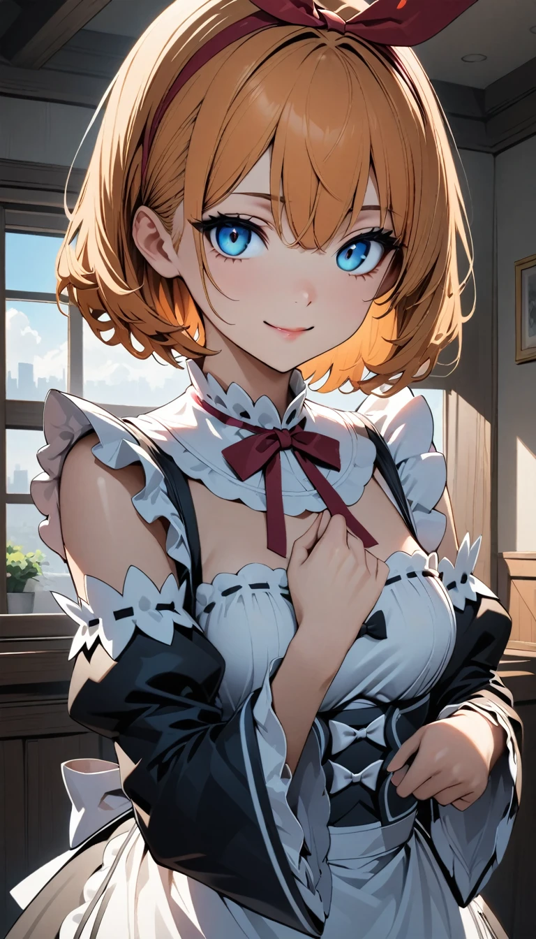 masterpiece,Highest quality,anime,(2D:1.2),indoor, , One girl, roswaal mansion maid uniform, alone, maid, Cyan blue eyes, short hair,bow hairband, Hair between the eyes, Removable sleeves, View your viewers, Red Hairband,ribbon, bangs, Recall, bow, Orange Hair,red ribbon, black sleeves, window, Long sleeve, apron, white bow, Frills,ribbon trim,A light smile, with own hands,
