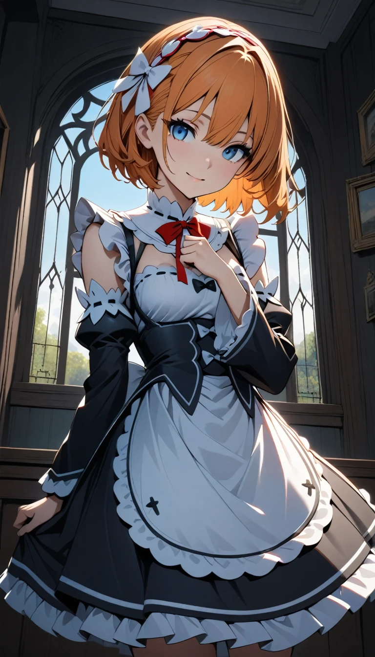 masterpiece,Highest quality,anime,(2D:1.2),indoor, , One girl, roswaal mansion maid uniform, alone, maid, Cyan blue eyes, short hair,bow hairband, Hair between the eyes, Removable sleeves, View your viewers, Red Hairband,ribbon, bangs, Recall, bow, Orange Hair,red ribbon, black sleeves, window, Long sleeve, apron, white bow, Frills,ribbon trim,A light smile, with own hands,