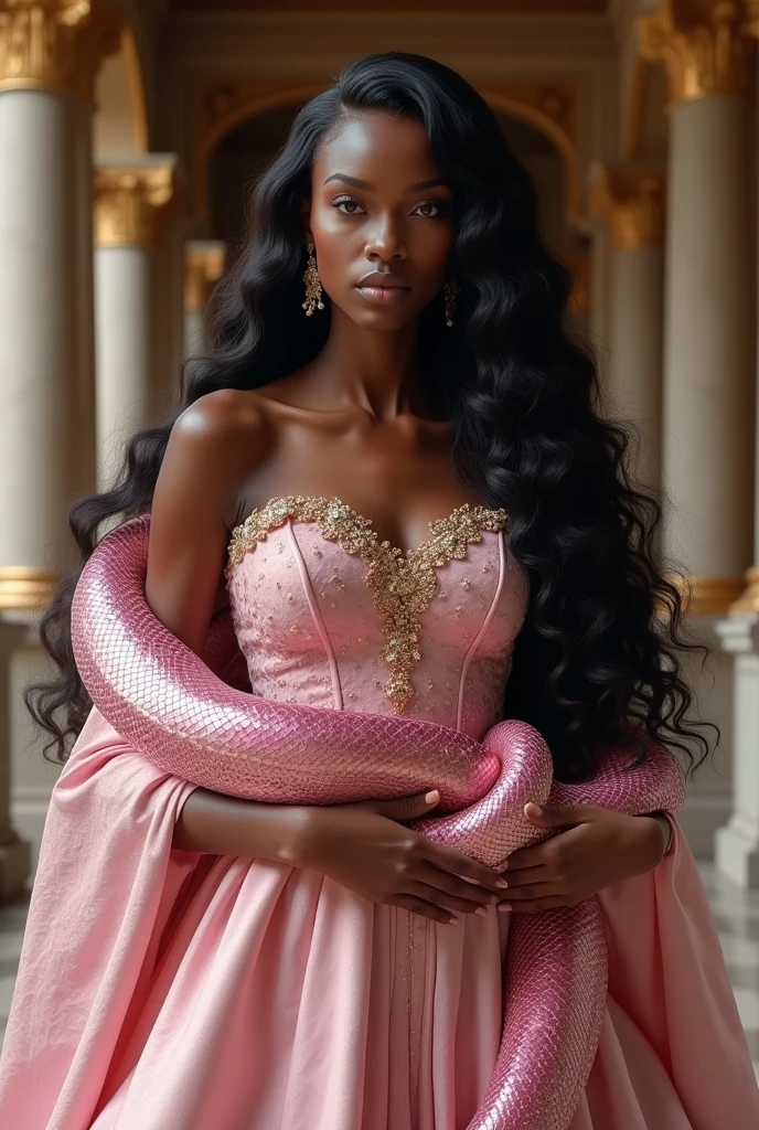 A realistic image of an African woman portraying African royalty. She has long, wavy hair flowing elegantly down her back, embodying grace and nobility. She is wearing a light pink royal gown with exquisite details, symbolizing her royal status. A large, shimmering pink snake is wrapped around her body, its iridescent scales glistening in the light. The snake's head, mature and majestic, rests on her shoulder, adding an aura of power and mystique. The background is a grand palace with luxurious architecture, ornate columns, and rich decor, enhancing the royal atmosphere. The overall scene conveys a powerful blend of beauty, strength, and regality, creating a captivating and lifelike depiction of African royalty.