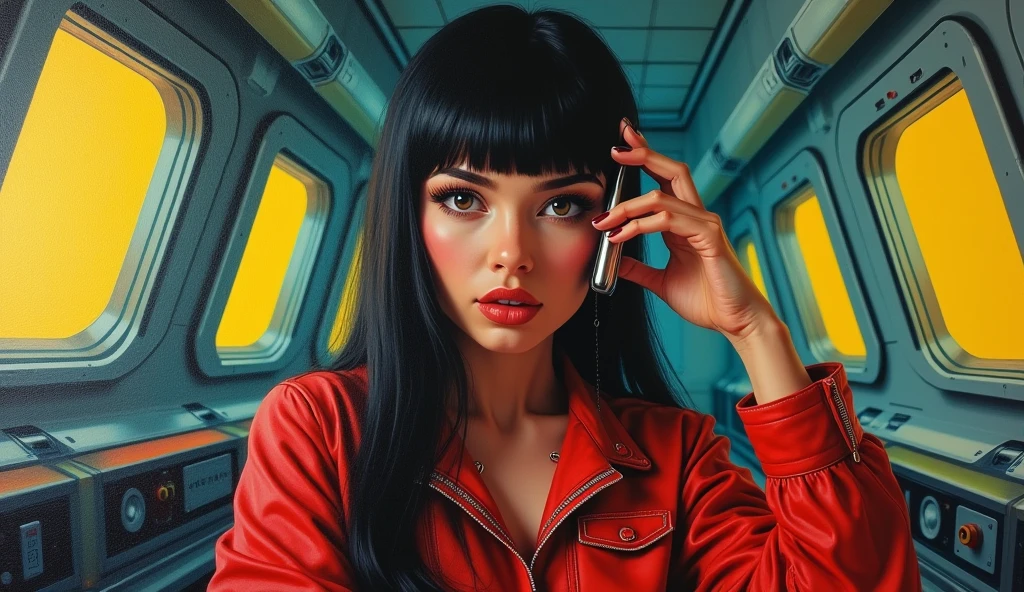 High-quality realistic acrylic art, vivid colors, lateral point of view, a beautiful vintage european woman with long black straight hair, bangs, looking at the viewer with suspicious face and a shy smile, she wears red vintage space suit, gloves, holding a sophisticated cell phone yellow lights, background space militar facilty