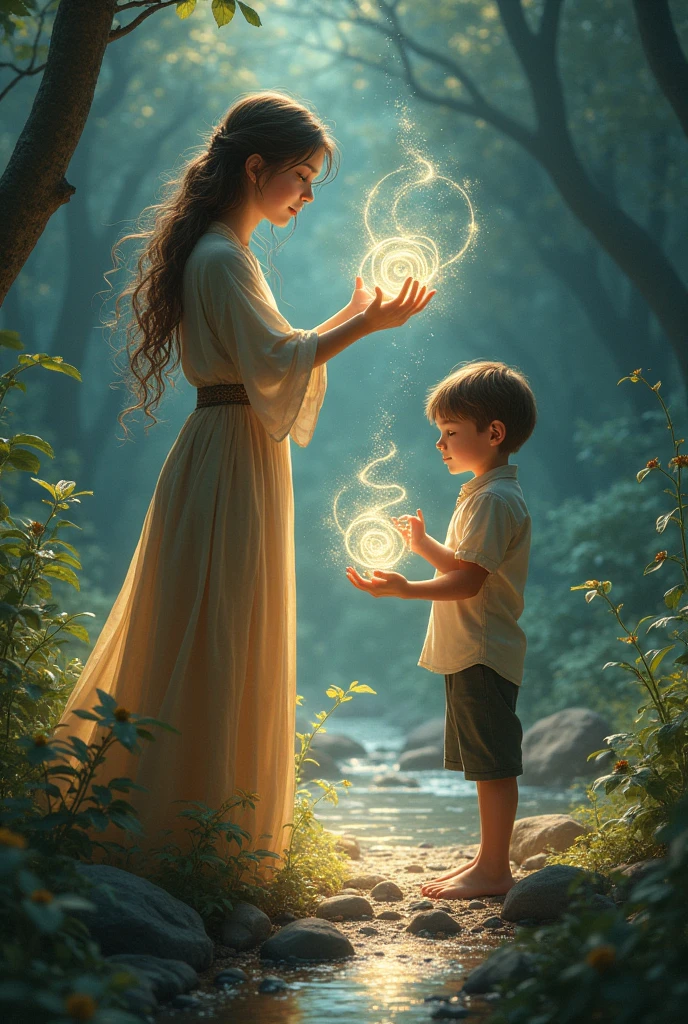 A girl doim magic witha boy in semi realsim style