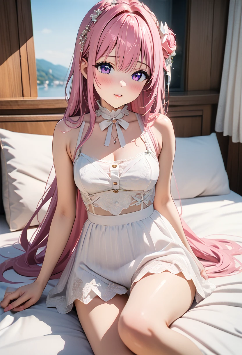 (Highest quality, 4K, 8k, High resolution, masterpiece:1.2), Very detailed, Picturesque, Anime style photo, Photo Anime:1.37)、a beautiful girl、(pink hair)、(long  hair)、white lily Hair Ornaments、On the bed、white lace under wear、Doroty