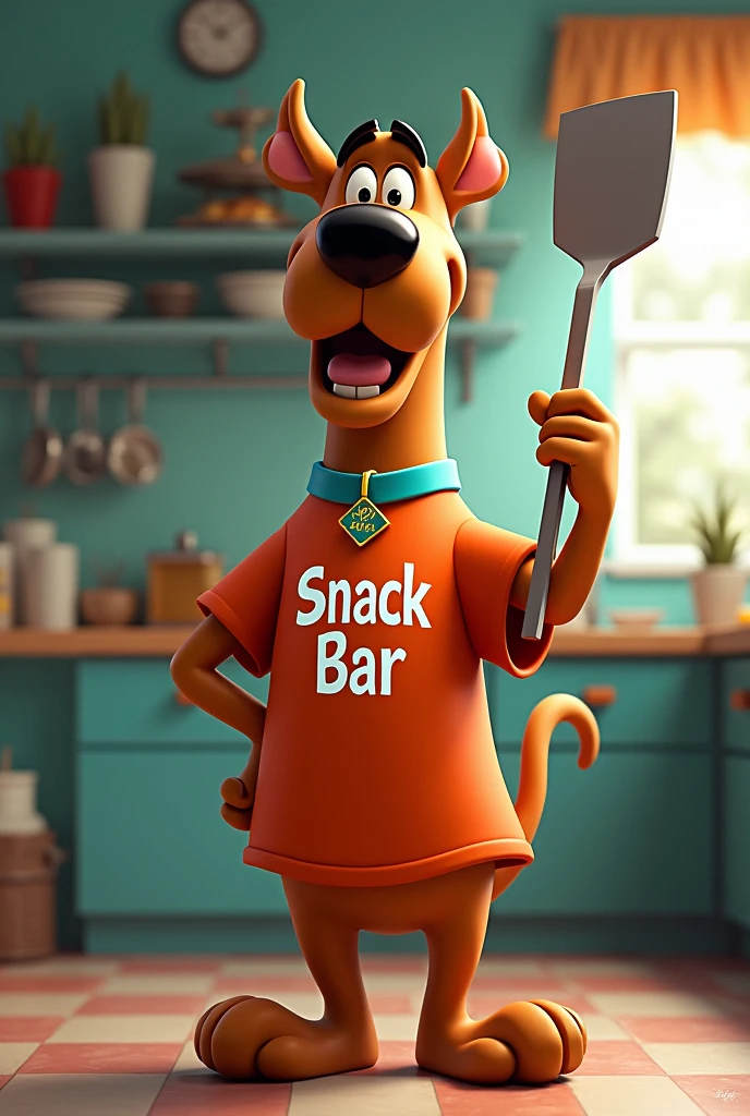 Scoob wearing clothes with the word "snack bar" written on them Holding a spatula