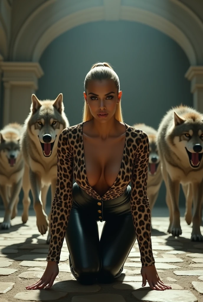 Kim Kardashian with long straight blonde hair in a ponytail in a leopard print shirt with buttons and sleeves and not cropped, generous cleavage,in very tight black leather pants , she is in an abandoned temple,she crawls on the floor , behind her are wolves with open mouths and sharp teeth running towards her, her facial expression is aggressive