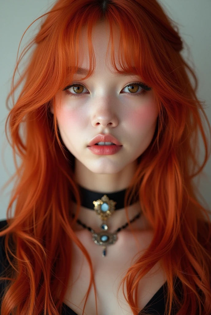 create a korean ulzzang with long red hair, big round brown eyes, fair skin and alternative style