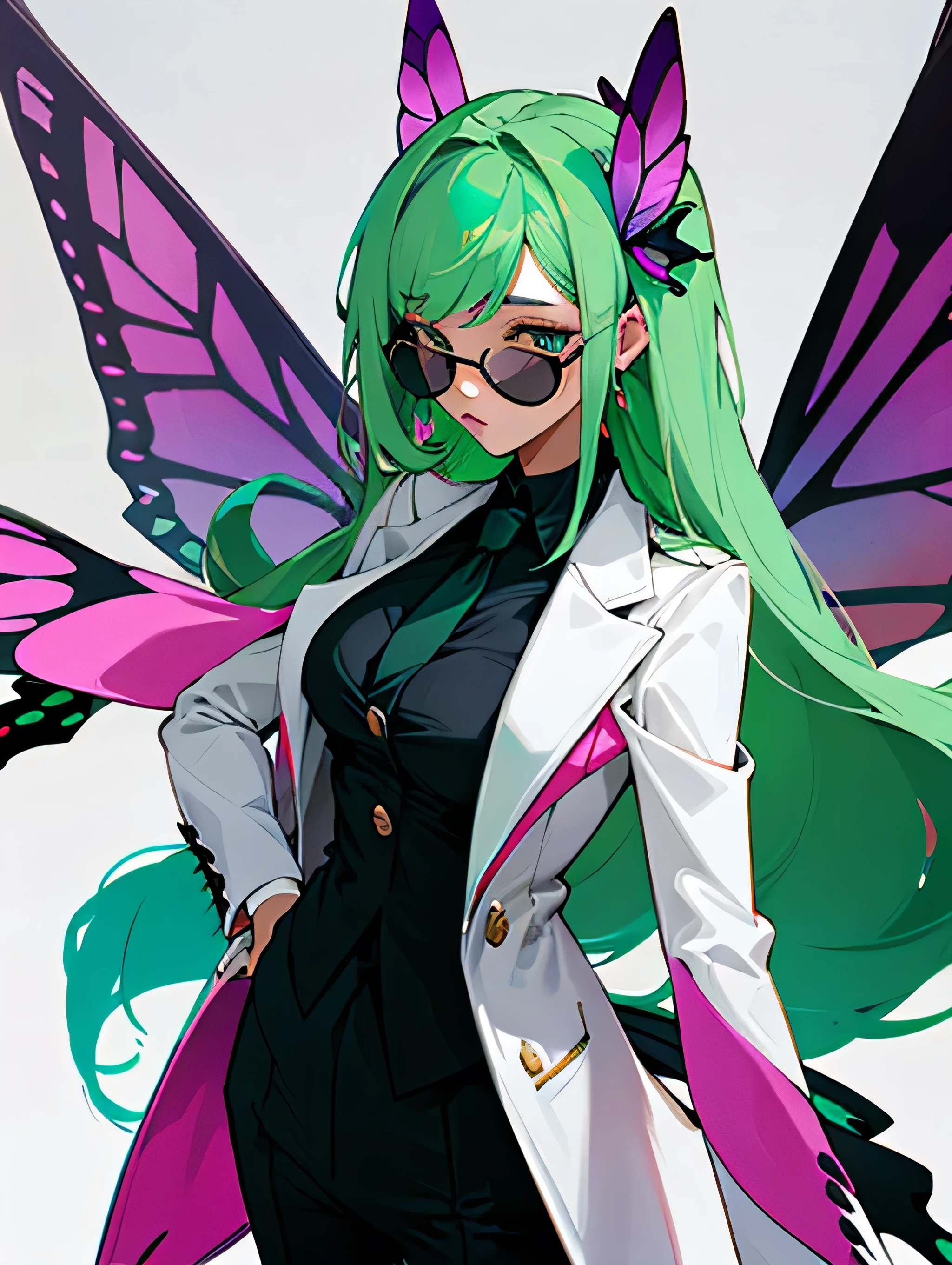 long green fur　Glasses　black and white formal suit　blue tie　Pink Butterfly Wings Woman