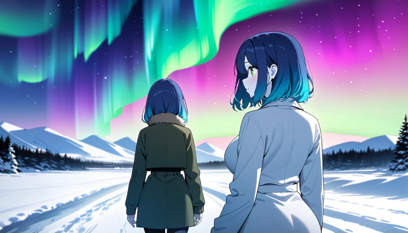 blue hair, green eyes, medium hair, gradient hair, snow-covered landscape, midnight, stunning aurora, girl gazing at aurora, big breasts, slim waist, white skin, beautiful, petite, fine hair, beautiful hair, warm coat, cozy, back shot, detailed face, beautiful eyes, elegant, cute, anime-style, manga-inspired, captivating, artistic depth, emotional resonance, masterpiece, ultra high quality illustration, high resolution, 16k, beautiful, delicate, (SuperQuality:1.2)