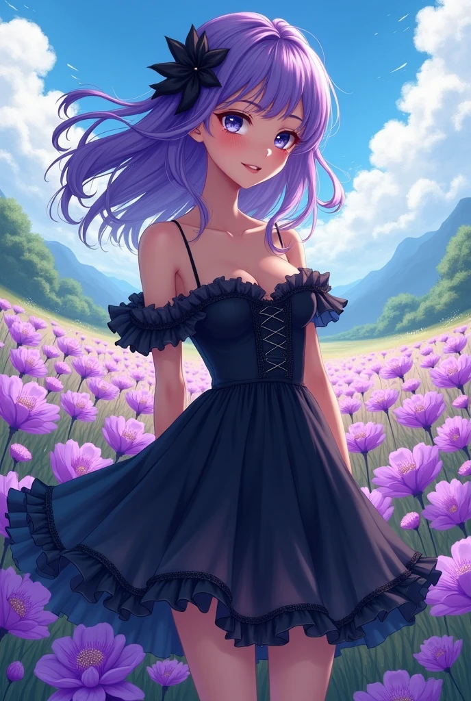 Anime girl with purple hair, silver eyes, brown skin and a black poofy dress standing in a field of purpose flower 