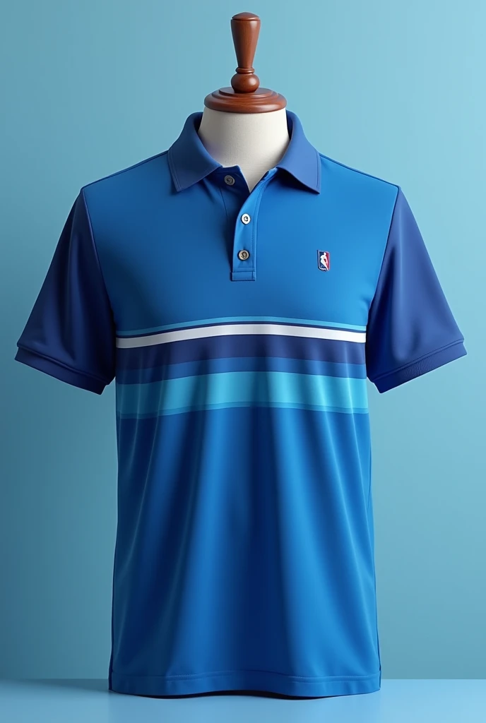 blue supermarket polo shirt, white and light blue