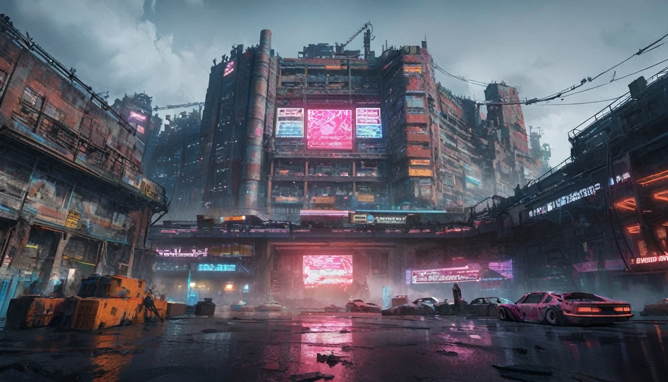 post apocalyptic factory, cyberpunk setting, neon lights, cyberpunk cars in front of the building, sad brutal architecture, red brick walls, concrete floor, old containers and crates, huge advertising sign at the top of the building, cloudy weather, from below, wide shot, atmospheric perspective, 8k, highres, best quality, award winning, super detail, masterpiece, UHD