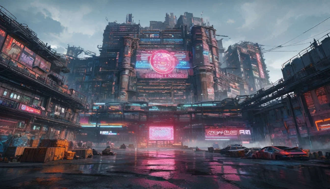 post apocalyptic factory, cyberpunk setting, neon lights, cyberpunk cars in front of the building, sad brutal architecture, red brick walls, concrete floor, old containers and crates, huge advertising sign at the top of the building, cloudy weather, from below, wide shot, atmospheric perspective, 8k, highres, best quality, award winning, super detail, masterpiece, UHD