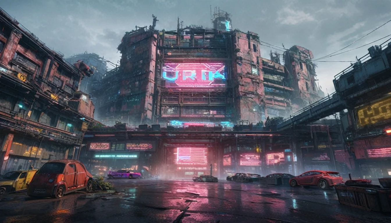 post apocalyptic factory, cyberpunk setting, neon lights, cyberpunk cars in front of the building, sad brutal architecture, red brick walls, concrete floor, old containers and crates, huge advertising sign at the top of the building, cloudy weather, from below, wide shot, atmospheric perspective, 8k, highres, best quality, award winning, super detail, masterpiece, UHD