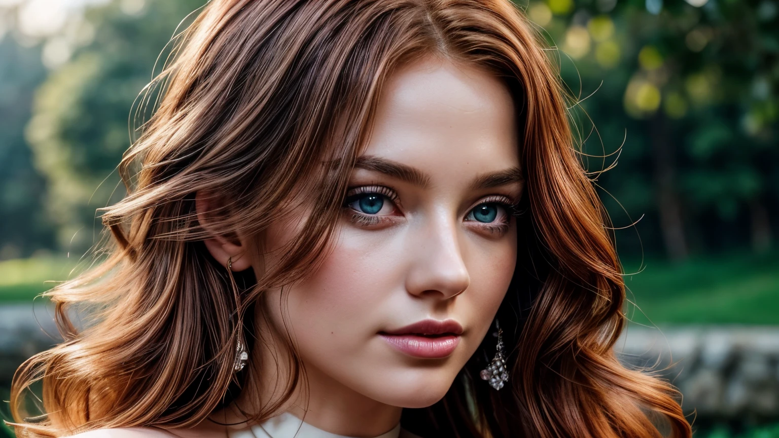Close up of bust, Creates an image of a redhead girl, curly and wavy mid-length hair, beautiful detailed eyes, blue-green eyes, detailed iris, beautiful detailed pink full lips, extremely detailed face and hair, long eyelashes, detailed porcelain skin, silk choker, big breasts, she is wearing a very beautiful off-shoulder dress, which sets off her voluminous breasts elegantly, elegant and graceful pose, delicate and feminine, serene and thoughtful expression, delicate and gorgeous smile. The scene takes place outside a chapel. natural lighting, warm color tones, cinematic compositing, (best quality, 4k, 8k, high resolution, masterpiece: 1.2), ultra detailed, (realistic, photorealistic, photorealistic: 1.37), portrait, digital art