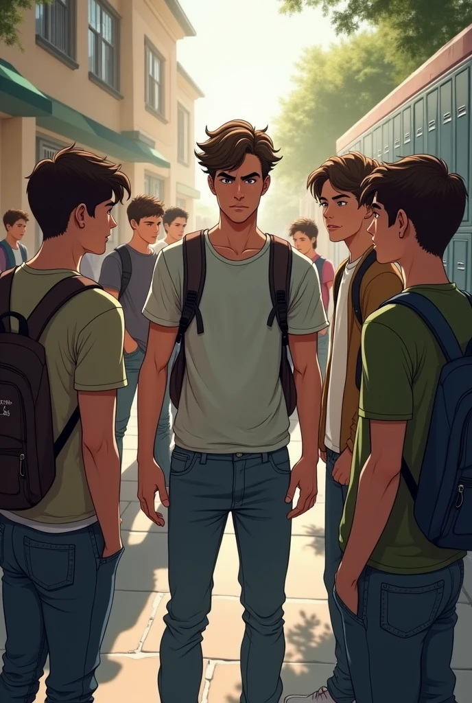Teenager man talking bad about another student with his friends at school