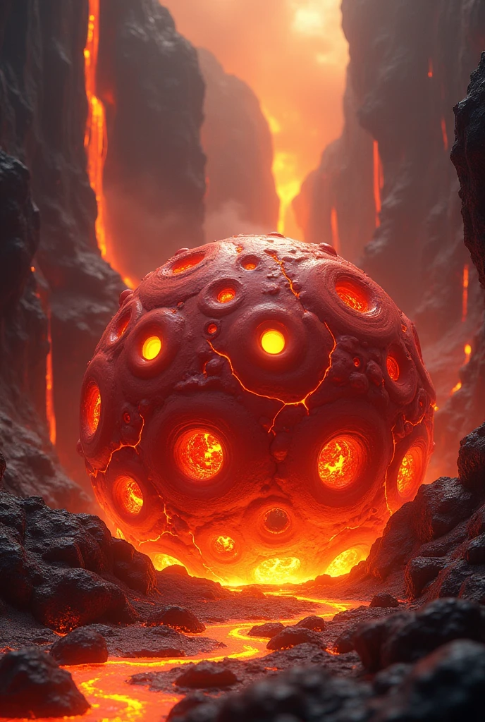 A round red and orange slime ball made out of lava, covered by large volcanic rocks, bright yellow eyes, no mouth, no limbs, inside volcano background