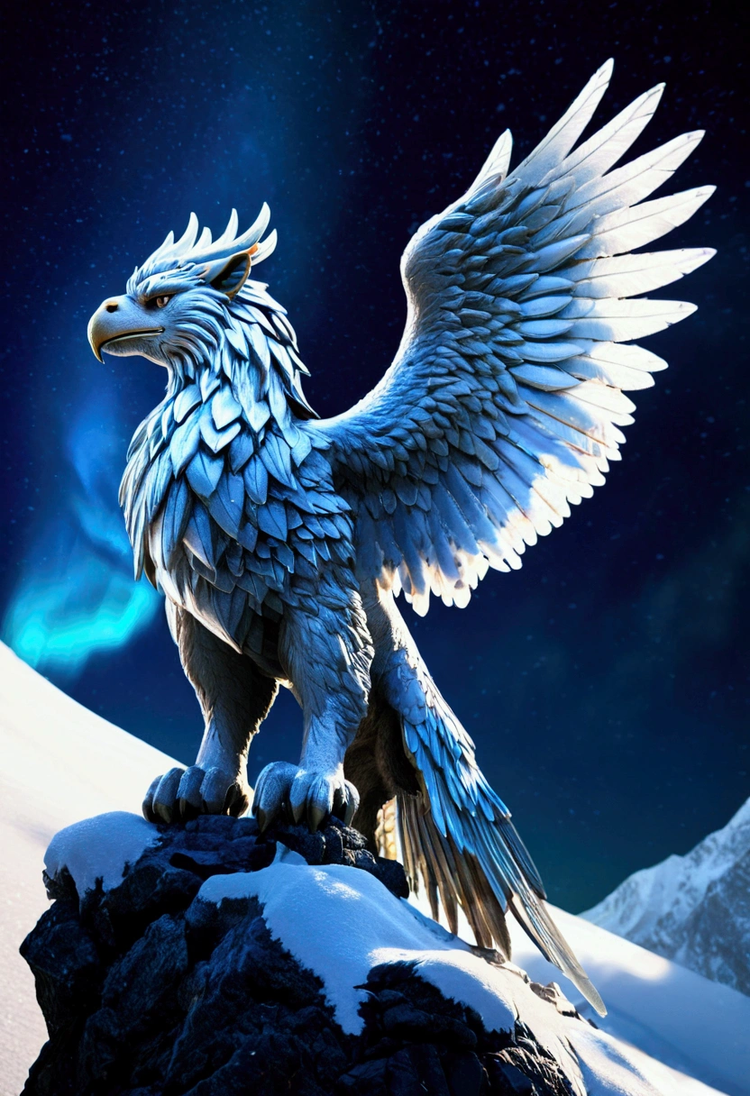 (Griffin), In a snow covered mountain range, the griffin is the king here, standing firm in the cold wind and demonstrating unparalleled strength. The colors are mainly white of ice and snow and deep blue of griffins, and the light and shadow are mainly mysterious auroras. The details are reflected in the crystallization of ice and snow and the resolute gaze of griffins. Beautiful cinematic lighting, surreal, color graded, dynamic movement, captivating chiaroscuro, full body, award-winning, cinematic still, emotional, vignette, dynamic, vivid, (masterpiece, best quality, photorealistic, Professional, perfect composition, very aesthetic, absurdres, ultra-detailed, intricate details:1.3)