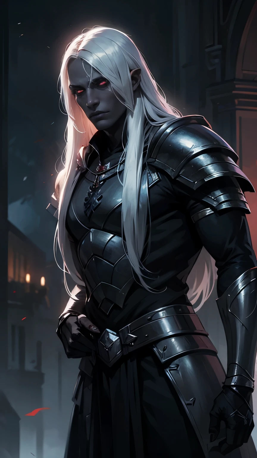 Anomander Rake, male Drow, black skin, long white hair, scarlet eyes, in dark armor, strong build, gloomy