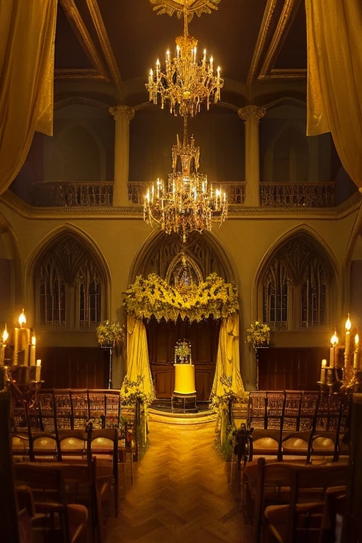 Gothic architecture、Yellow and brown atmosphere、Gothic、yellow、wood、very small teddy bear、Teddy bear under the tree、mantelpiece、table、stage、Two-storey、hinterland、room、chandelier、candle、Entrance hall