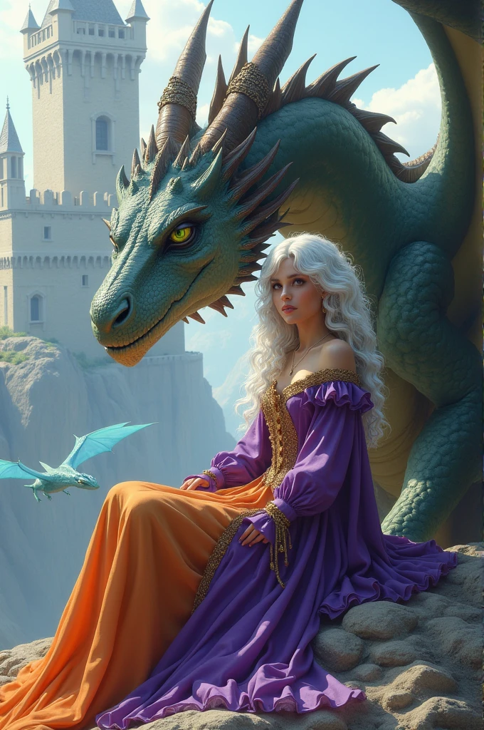 Woman in purple and orange medieval dress. Woman with silver-white wavy and curly hair and dark violet eyes, woman sitting next to her light blue dragon, huge and fierce dragon, Dragon with green eyes. Zoom in on the woman.
Gigantic and majestic castle in the background. Castle with white stones. blue Dragon. Dragon with light blue scales