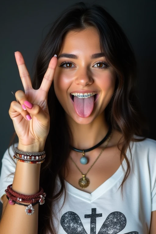 , A vibrant and youthful close-up portrait of a young woman against a dark background. She is making a playful, expressive gesture by sticking out her tongue and holding up a peace sign over her forehead with her right hand. She has long, dark hair, and her expression is fun and carefree. The woman is wearing a white shirt featuring a celestial design, a shell necklace, and a cross pendant. She also has braces, a nose piercing, and several bracelets on her left wrist. The image captures a sense of spontaneity and youthful energy, with the dark background emphasizing the bright and lively features of the subject.