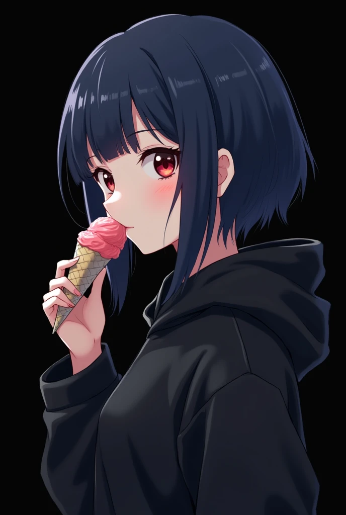 Anime girl , dark blue hair , modern day mullet hair style , short hair , black hoodie , red eyes , almond eye , eating ice cream , blank black background , side view