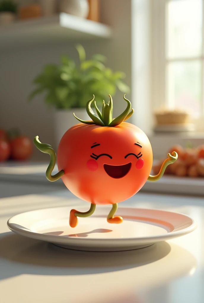 A realistic tomato with a joyful expression, dancing energetically on a white ceramic plate, captured in mid-motion. The scene is well-lit with natural light, and the background is a simple kitchen counter.